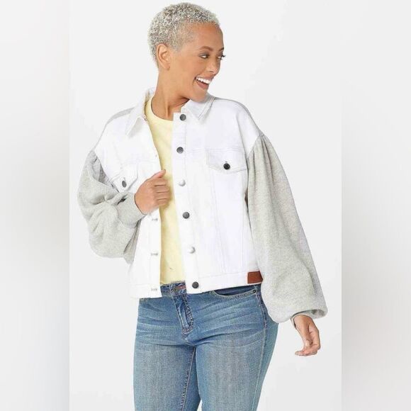 Peace Love World White/Gray Chic Denim Jacket Puff Gray Sleeve Oversized SZ XXS - Picture 1 of 16